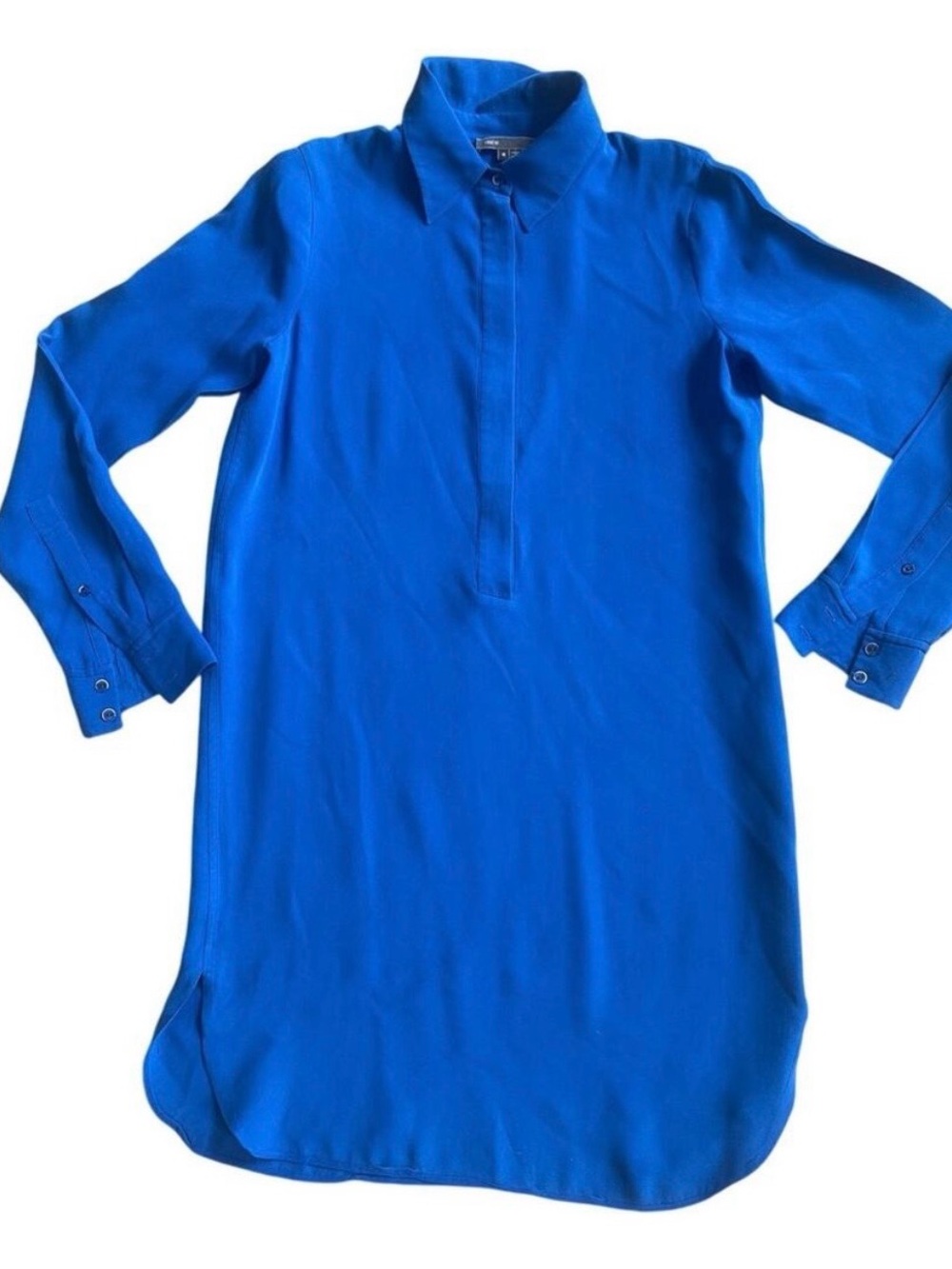 Vince 100% Silk Long Sleeve Collared Mini Shirt Dress Solid Cobalt Blue EUC M/8